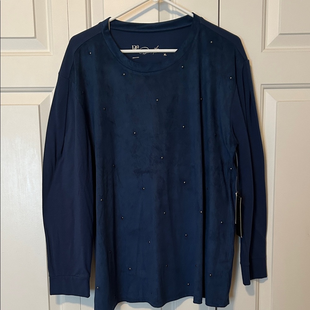 DG2 by Diane Gilman Navy Faux Suede Studded Long Sleeve Top, XL